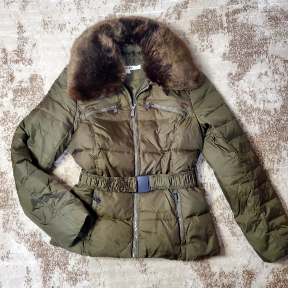 DKNY Fur Collar Belt Jacket